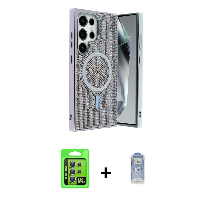 MARSİLYAN™- Galaxy S24 Ultra Kılıf Eksen Çizgi - Siyah Joko Magic 5D Cam + Raze Metal Kamera Lens - GS