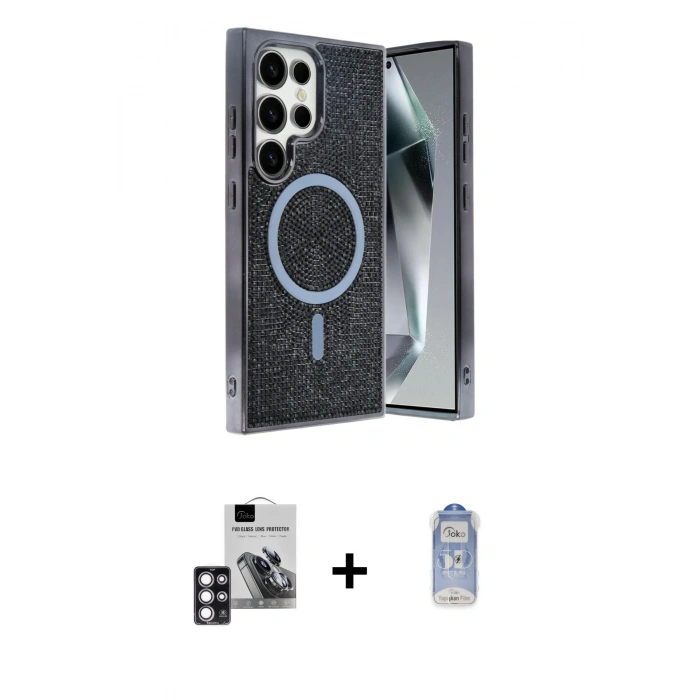 MARSİLYAN™- Galaxy S24 Ultra Kılıf Eksen Çizgi - Siyah Joko Magic 5D Cam + PVD Metal Kamera Lens - PE