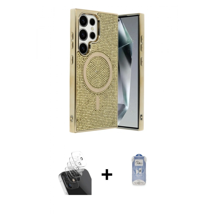 MARSİLYAN™- Galaxy S24 Ultra Kılıf Eksen Çizgi - Siyah Joko Magic 5D Cam + Kamera Lens Koruma Cam - SF