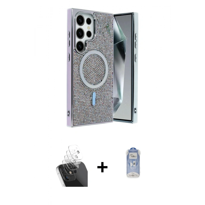 MARSİLYAN™- Galaxy S24 Ultra Kılıf Eksen Çizgi - Siyah Joko Magic 5D Cam + Kamera Lens Koruma Cam - SF