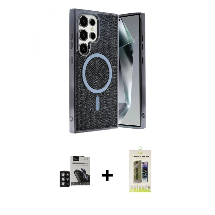 MARSİLYAN™- Galaxy S24 Ultra Kılıf Eksen Çizgi - Siyah Joko Magic 5D Hayalet Cam + PVD Metal Kamera Lens - DNMR