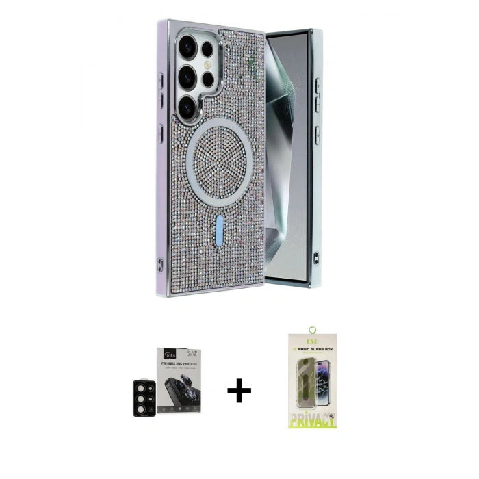 MARSİLYAN™- Galaxy S24 Ultra Kılıf Eksen Çizgi - Siyah Joko Magic 5D Hayalet Cam + PVD Metal Kamera Lens - SH