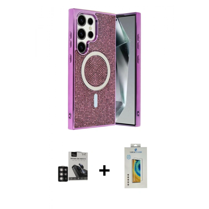 MARSİLYAN™- Galaxy S24 Ultra Kılıf Eksen Çizgi - Siyah Polymer Nano Ekran Koruyucu + PVD Metal Kamera Lens - DNMR