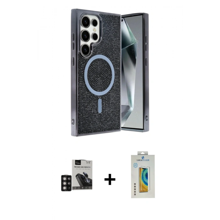 MARSİLYAN™- Galaxy S24 Ultra Kılıf Eksen Çizgi - Siyah Polymer Nano Ekran Koruyucu + PVD Metal Kamera Lens - DNMR