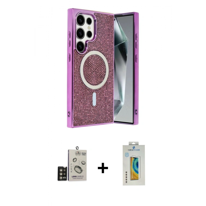 MARSİLYAN™- Galaxy S24 Ultra Kılıf Eksen Çizgi - Siyah Polymer Nano Ekran Koruyucu + Bilvis Titan Kamera Lens - GD