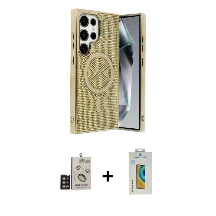 MARSİLYAN™- Galaxy S24 Ultra Kılıf Eksen Çizgi - Siyah Polymer Nano Ekran Koruyucu + Bilvis Titan Kamera Lens - GD