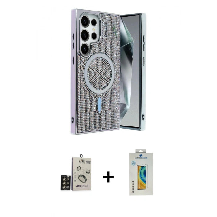 MARSİLYAN™- Galaxy S24 Ultra Kılıf Eksen Çizgi - Siyah Polymer Nano Ekran Koruyucu + Bilvis Titan Kamera Lens - GD