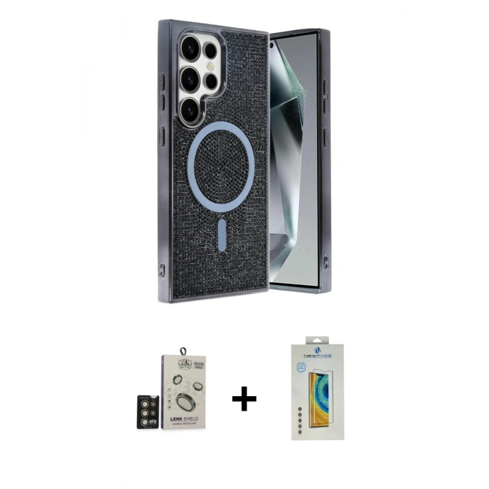 MARSİLYAN™- Galaxy S24 Ultra Kılıf Eksen Çizgi - Siyah Polymer Nano Ekran Koruyucu + Bilvis Titan Kamera Lens - GD