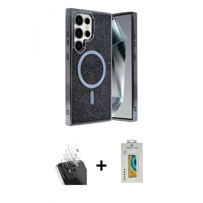 MARSİLYAN™- Galaxy S24 Ultra Kılıf Eksen Çizgi - Siyah Polymer Nano Ekran Koruyucu + Kamera Lens Koruma Cam - SF
