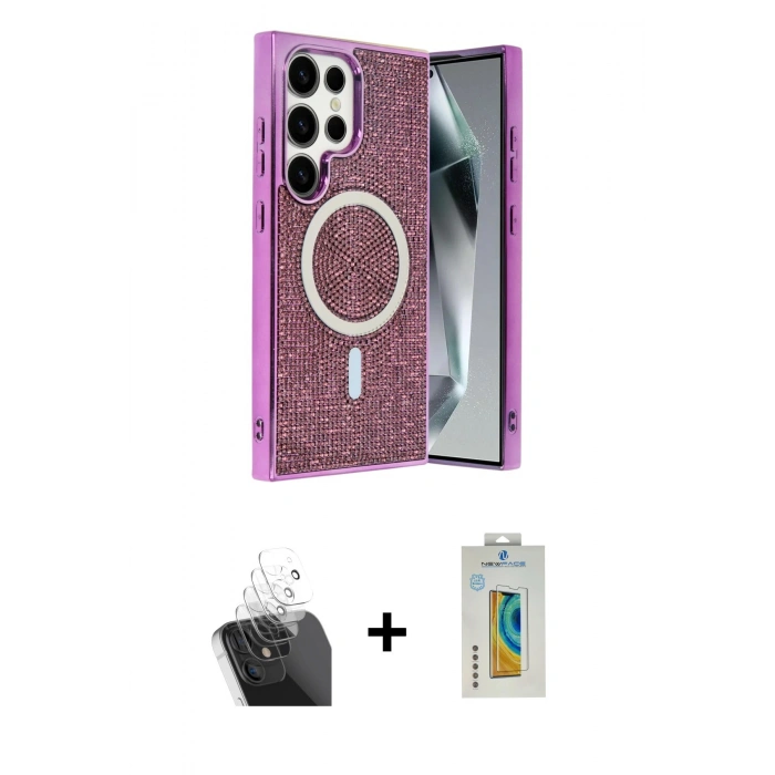 MARSİLYAN™- Galaxy S24 Ultra Kılıf Eksen Çizgi - Siyah Polymer Nano Ekran Koruyucu + Kamera Lens Koruma Cam - SF