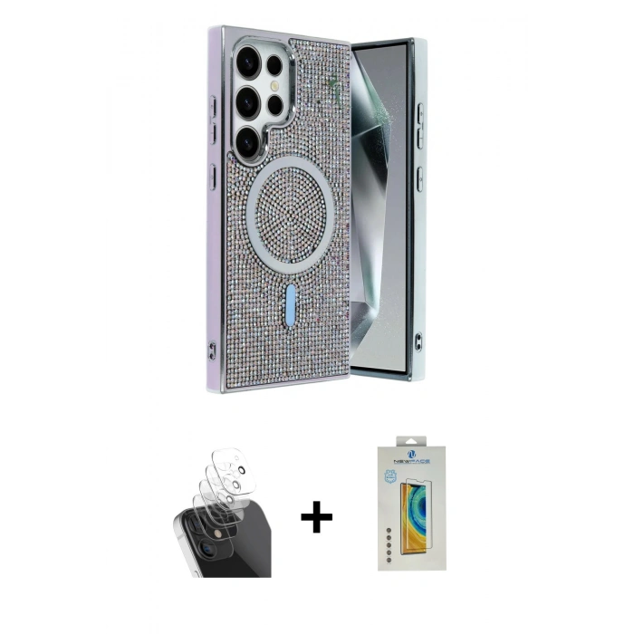 MARSİLYAN™- Galaxy S24 Ultra Kılıf Eksen Çizgi - Siyah Polymer Nano Ekran Koruyucu + Kamera Lens Koruma Cam - SF