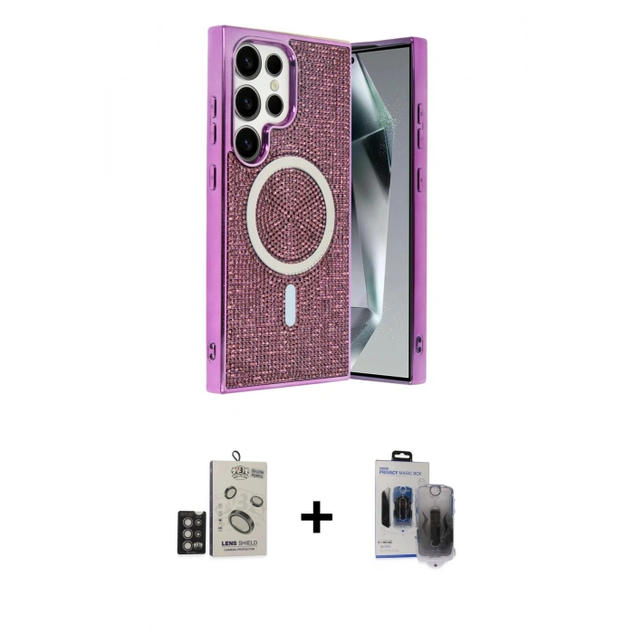 MARSİLYAN™- Galaxy S24 Ultra Kılıf Eksen Çizgi - Siyah Vanessa Magic Hayalet Cam + Bilvis Titan Kamera Lens - DNMR