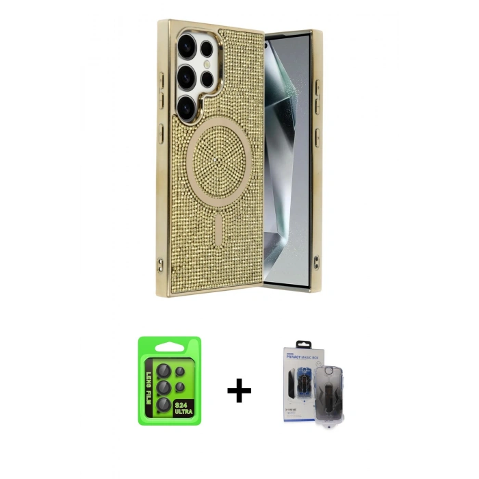 MARSİLYAN™- Galaxy S24 Ultra Kılıf Eksen Çizgi - Siyah Vanessa Magic Hayalet Cam + Raze Metal Kamera Lens - SH
