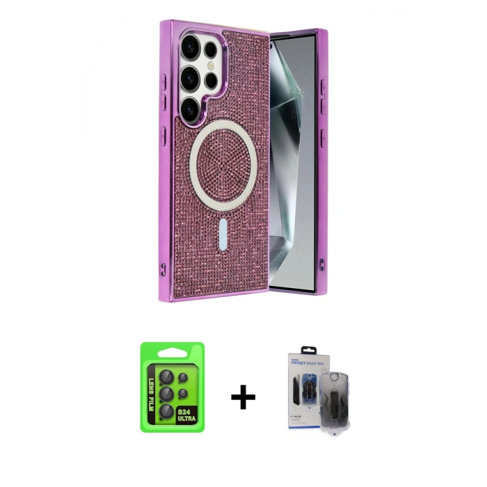 MARSİLYAN™- Galaxy S24 Ultra Kılıf Eksen Çizgi - Siyah Vanessa Magic Hayalet Cam + Raze Metal Kamera Lens - SH