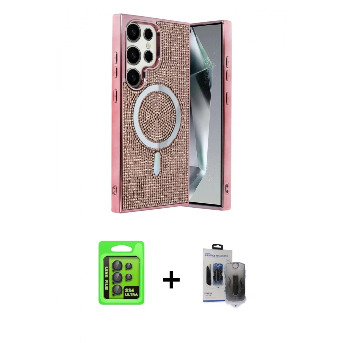MARSİLYAN™- Galaxy S24 Ultra Kılıf Eksen Çizgi - Siyah Vanessa Magic Hayalet Cam + Raze Metal Kamera Lens - SH