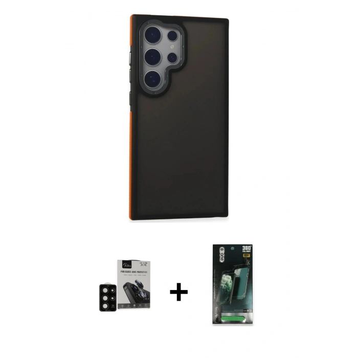 MARSİLYAN™- Galaxy S24 Ultra Kılıf Eksen Işık - Şeffaf 360 Full Body Arka Koruyucu + PVD Metal Kamera Lens - SH