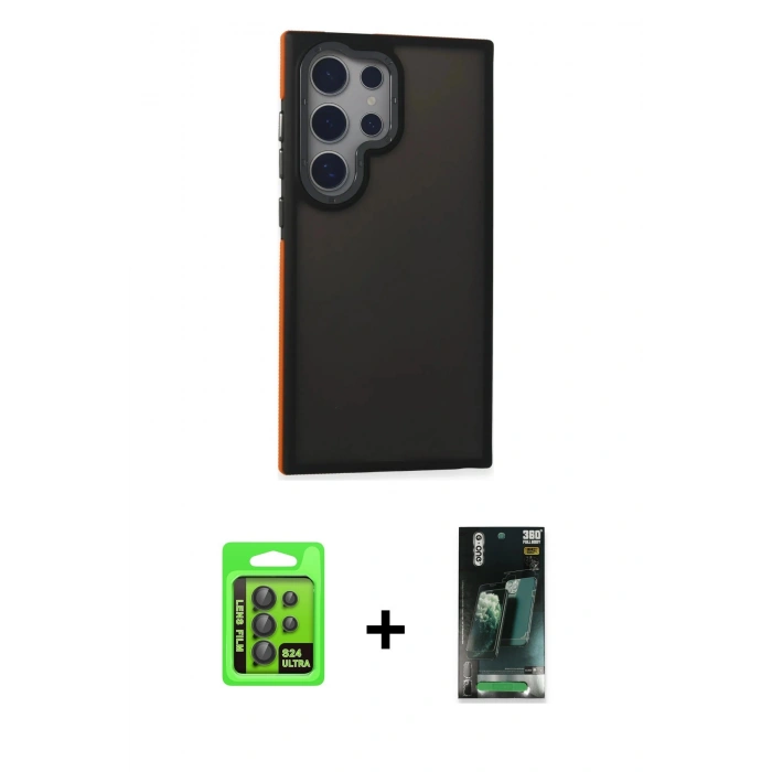 MARSİLYAN™- Galaxy S24 Ultra Kılıf Eksen Işık - Şeffaf 360 Full Body Arka Koruyucu + Raze Metal Kamera Lens - SH