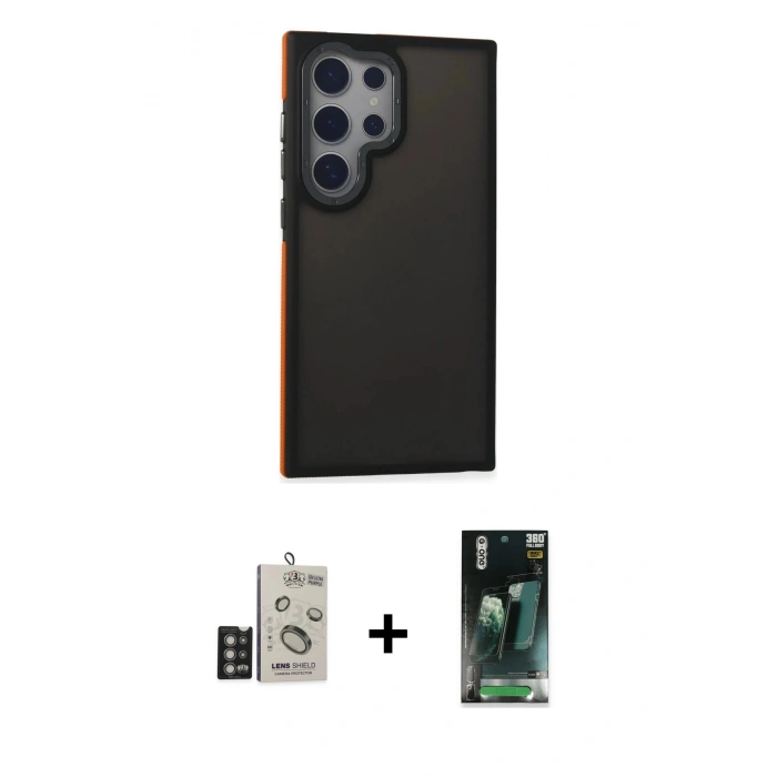 MARSİLYAN™- Galaxy S24 Ultra Kılıf Eksen Işık - Siyah 360 Mat Full Body Arka Koruyucu + Bilvis Titan Kamera Lens - DNMR