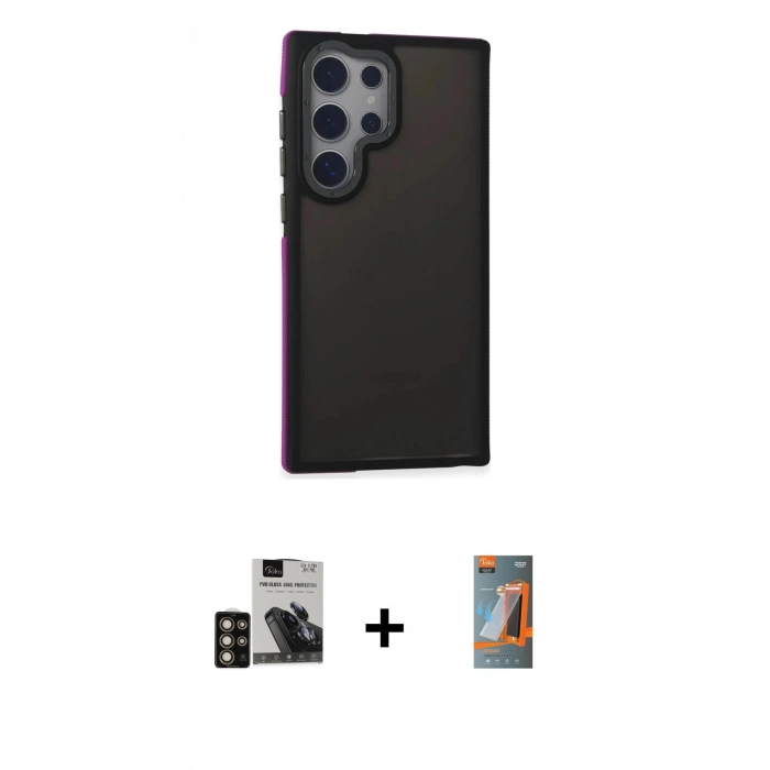 MARSİLYAN™- Galaxy S24 Ultra Kılıf Eksen Işık - Siyah AutoKit 5in1 Fiber Hayalet Polymer Nano Ekran Koruyucu + PVD Metal Kamera Lens - GD