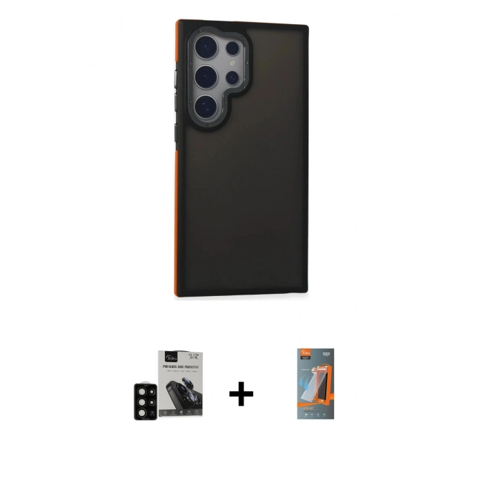 MARSİLYAN™- Galaxy S24 Ultra Kılıf Eksen Işık - Siyah AutoKit 5in1 Fiber Hayalet Polymer Nano Ekran Koruyucu + PVD Metal Kamera Lens - SH