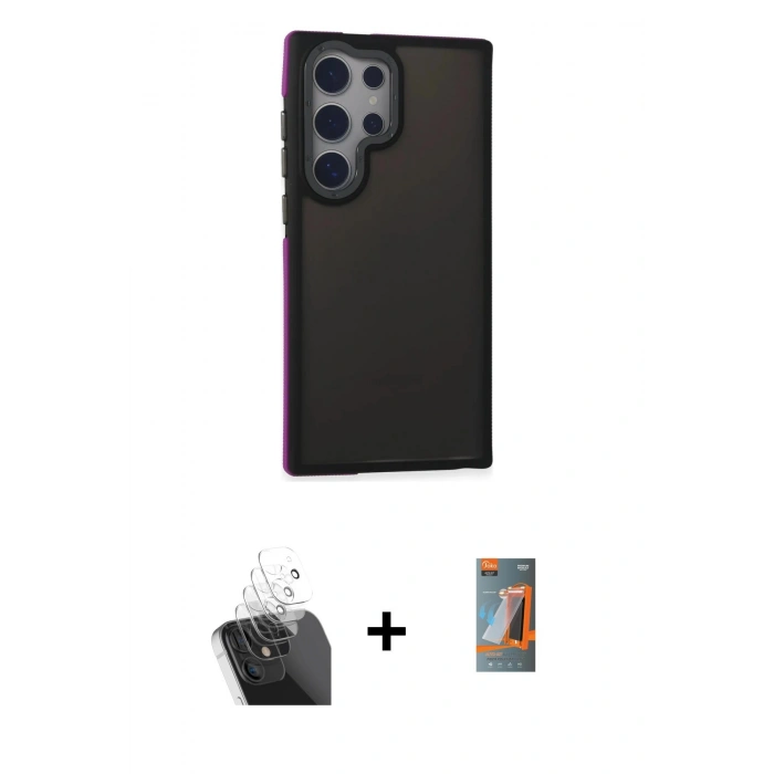 MARSİLYAN™- Galaxy S24 Ultra Kılıf Eksen Işık - Siyah AutoKit 5in1 Fiber Hayalet Polymer Nano Ekran Koruyucu + Kamera Lens Koruma Cam - SF