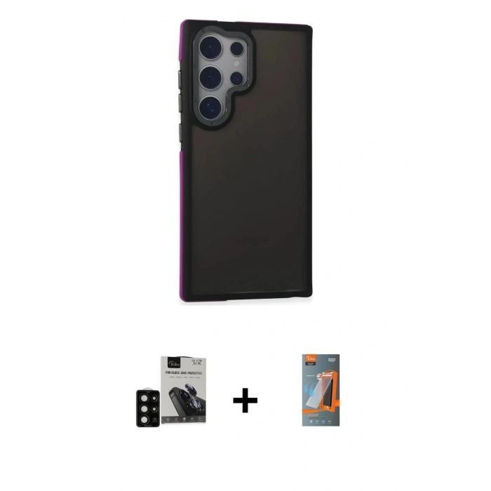 MARSİLYAN™- Galaxy S24 Ultra Kılıf Eksen Işık - Siyah AutoKit 5in1 Fiber Hayalet Polymer Nano Ekran Koruyucu + PVD Metal Kamera Lens - SH