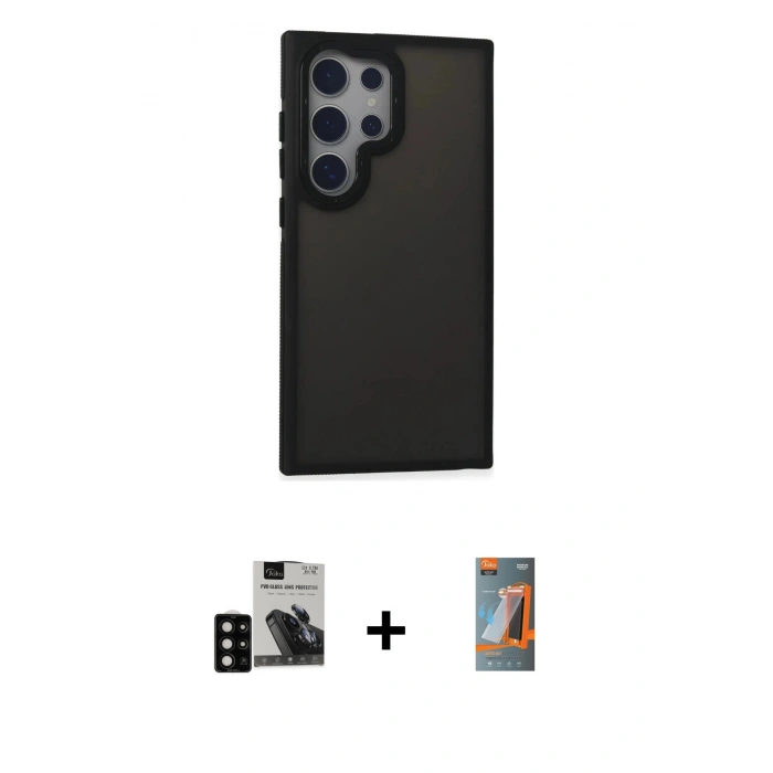 MARSİLYAN™- Galaxy S24 Ultra Kılıf Eksen Işık - Siyah AutoKit 5in1 Fiber Hayalet Polymer Nano Ekran Koruyucu + PVD Metal Kamera Lens - SH