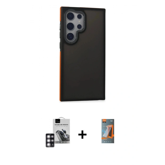 MARSİLYAN™- Galaxy S24 Ultra Kılıf Eksen Işık - Siyah AutoKit 5in1 Fiber Hayalet Polymer Nano Ekran Koruyucu + PVD Metal Kamera Lens - PE