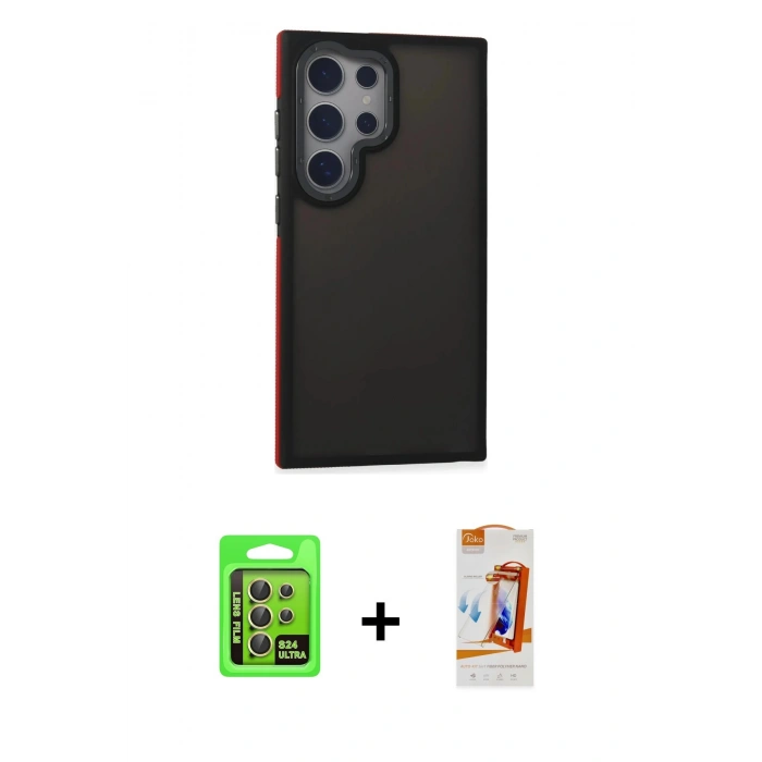 MARSİLYAN™- Galaxy S24 Ultra Kılıf Eksen Işık - Siyah AutoKit 5in1 Fiber Polymer Nano Ekran Koruyucu + Raze Metal Kamera Lens - SI