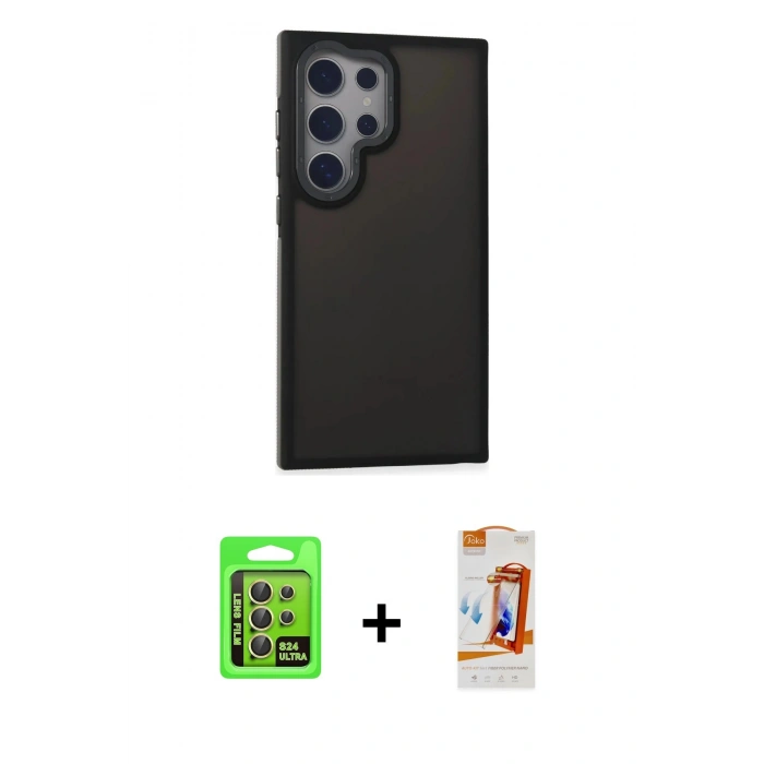 MARSİLYAN™- Galaxy S24 Ultra Kılıf Eksen Işık - Siyah AutoKit 5in1 Fiber Polymer Nano Ekran Koruyucu + Raze Metal Kamera Lens - SI