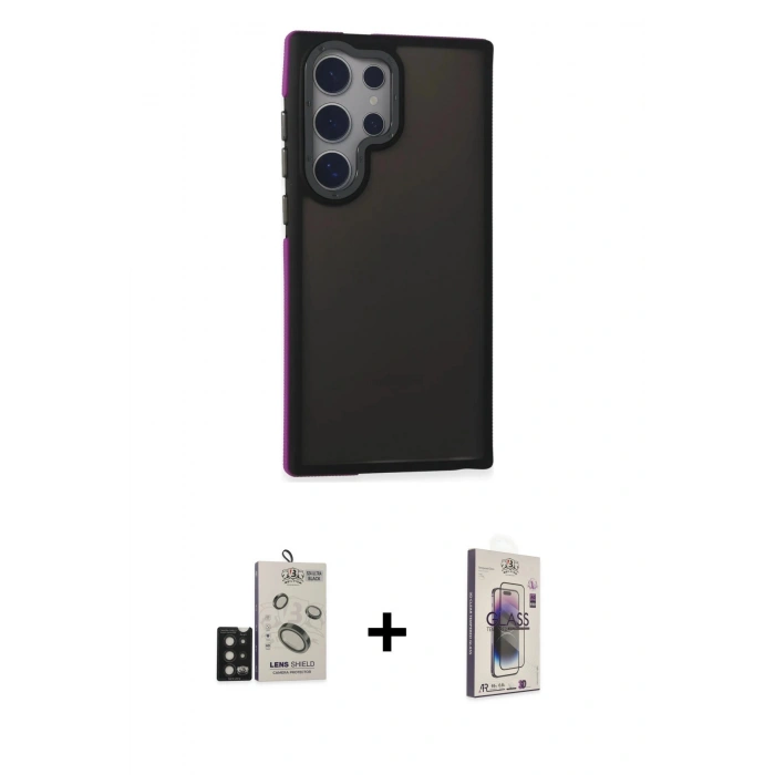 MARSİLYAN™- Galaxy S24 Ultra Kılıf Eksen Işık - Siyah Bilvis 3D Cam Ekran Koruyucu + Bilvis Titan Kamera Lens - SH