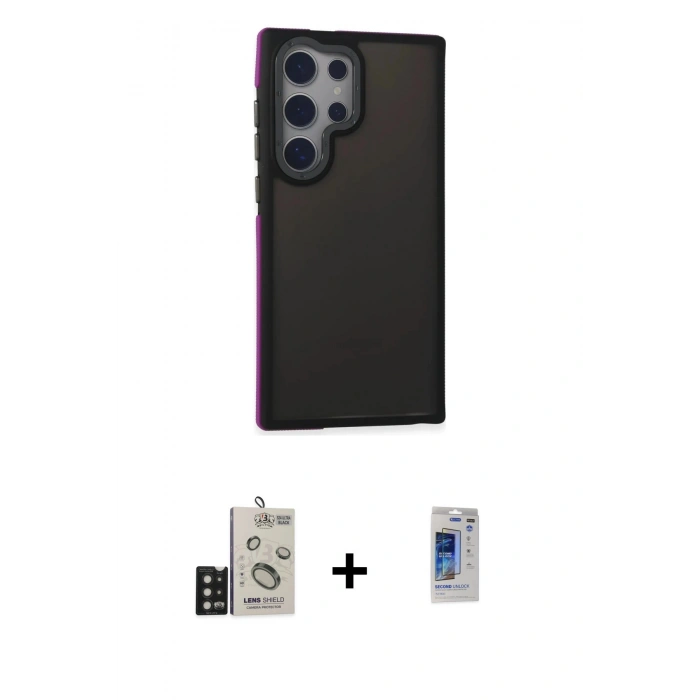 MARSİLYAN™- Galaxy S24 Ultra Kılıf Eksen Işık - Siyah Durable Full Glue Curved Hayalet Cam + Bilvis Titan Kamera Lens - SH
