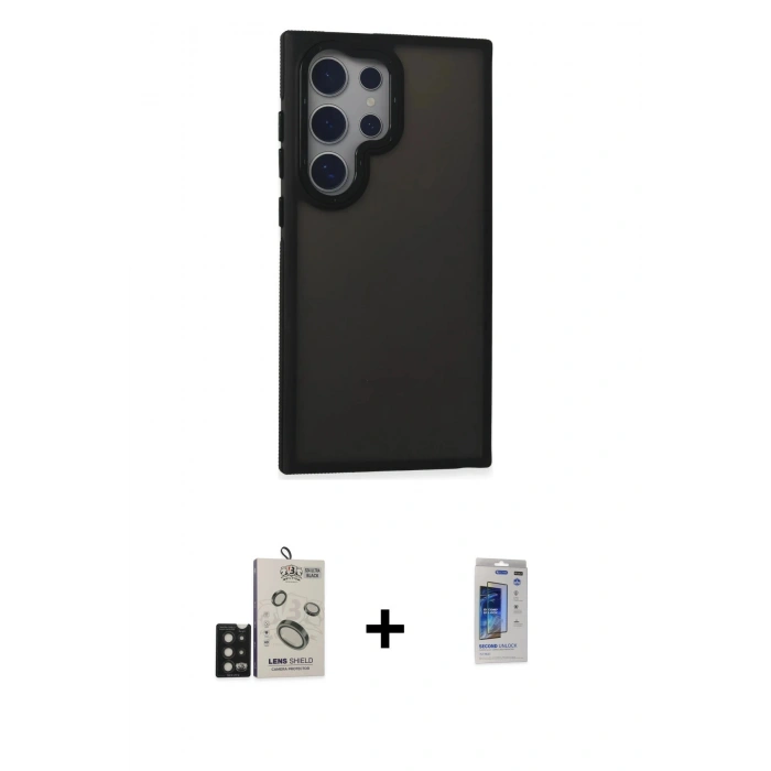 MARSİLYAN™- Galaxy S24 Ultra Kılıf Eksen Işık - Siyah Durable Full Glue Curved Hayalet Cam + Bilvis Titan Kamera Lens - SH