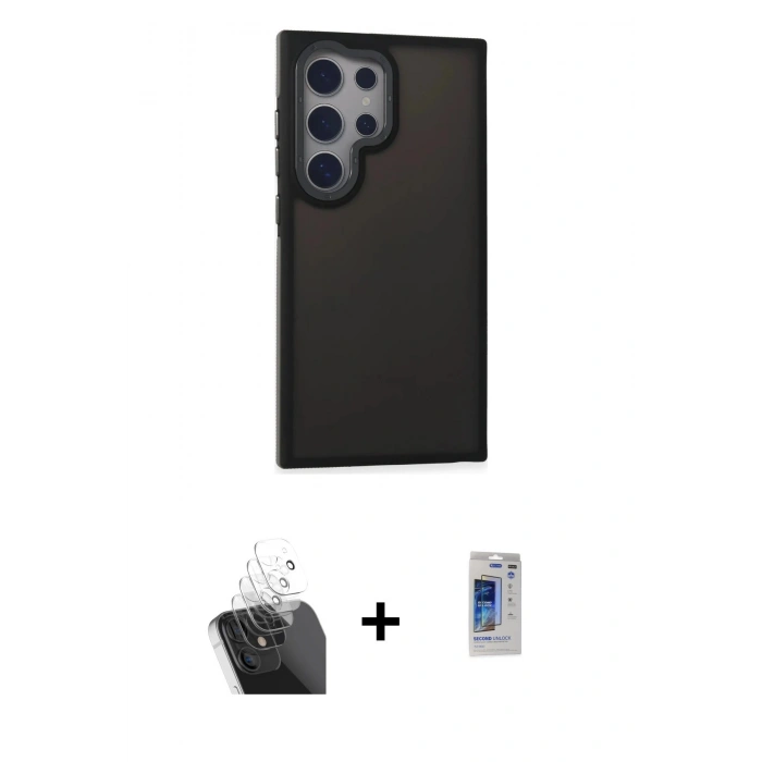 MARSİLYAN™- Galaxy S24 Ultra Kılıf Eksen Işık - Siyah Durable Full Glue Curved Hayalet Cam + Şeffaf Kamera Lens Koruma Cam