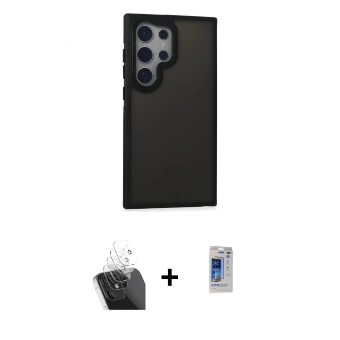 MARSİLYAN™- Galaxy S24 Ultra Kılıf Eksen Işık - Siyah Durable Full Glue Curved Hayalet Cam + Şeffaf Kamera Lens Koruma Cam