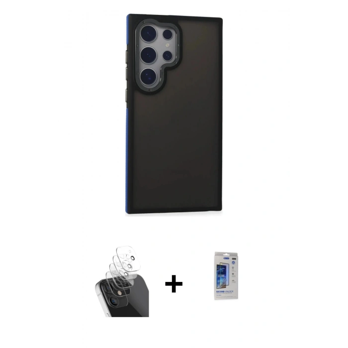 MARSİLYAN™- Galaxy S24 Ultra Kılıf Eksen Işık - Siyah Durable Full Glue Curved Hayalet Cam + Şeffaf Kamera Lens Koruma Cam