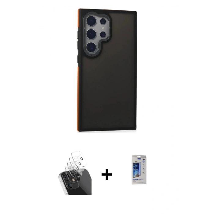 MARSİLYAN™- Galaxy S24 Ultra Kılıf Eksen Işık - Siyah Durable Full Glue Curved Hayalet Cam + Şeffaf Kamera Lens Koruma Cam
