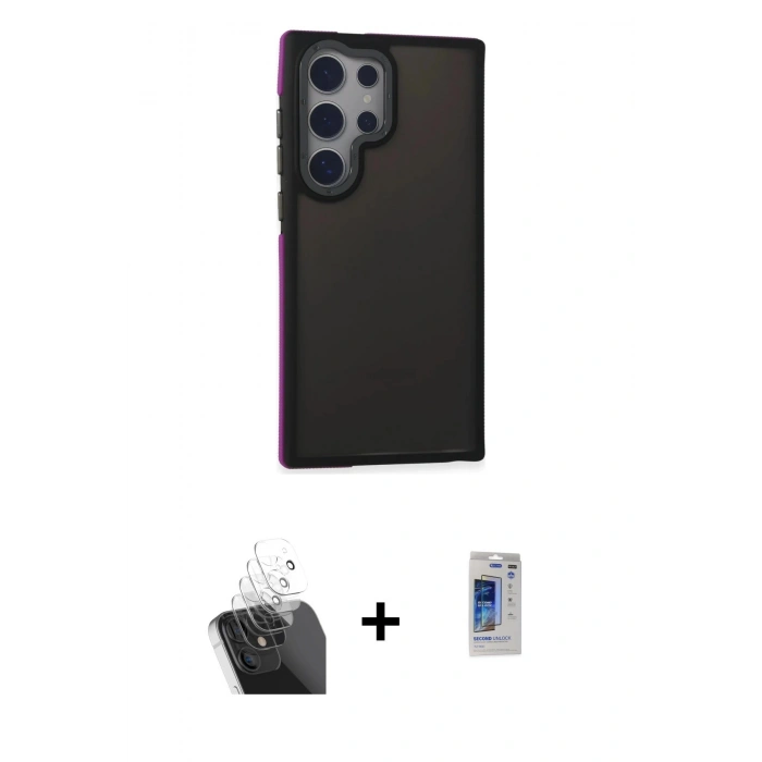 MARSİLYAN™- Galaxy S24 Ultra Kılıf Eksen Işık - Siyah Durable Full Glue Curved Hayalet Cam + Şeffaf Kamera Lens Koruma Cam