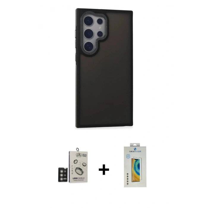 MARSİLYAN™- Galaxy S24 Ultra Kılıf Eksen Işık - Siyah Polymer Nano Ekran Koruyucu + Derin Mor Bilvis Titan Kamera Lens