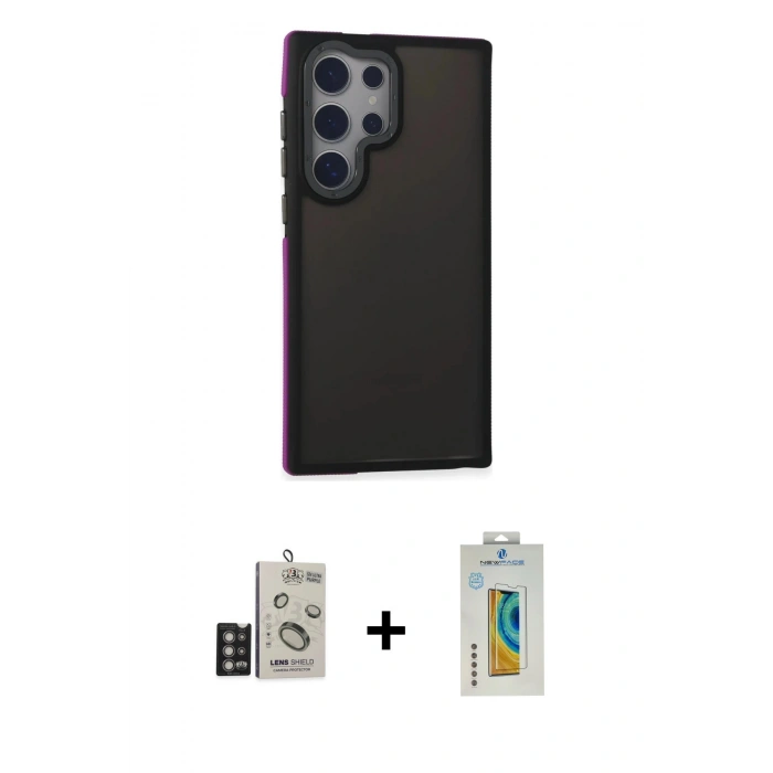 MARSİLYAN™- Galaxy S24 Ultra Kılıf Eksen Işık - Siyah Polymer Nano Ekran Koruyucu + Derin Mor Bilvis Titan Kamera Lens