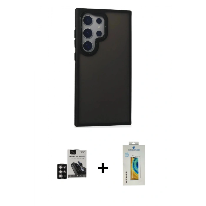 MARSİLYAN™- Galaxy S24 Ultra Kılıf Eksen Işık - Siyah Polymer Nano Ekran Koruyucu + PVD Metal Kamera Lens - DNMR