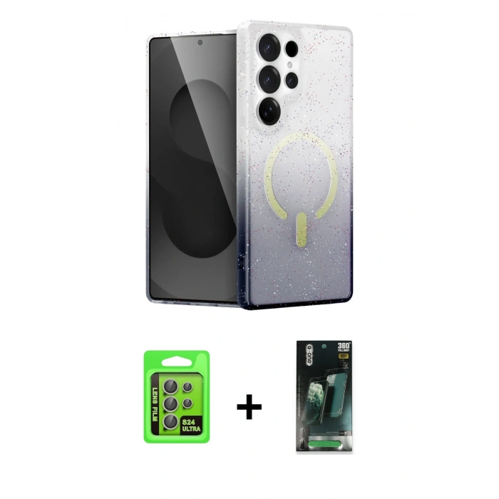 MARSİLYAN™- Galaxy S24 Ultra Kılıf Eksen Minimal Özel Seri - Siyah 360 Mat Full Body Arka Koruyucu + Raze Metal Kamera Lens - GI