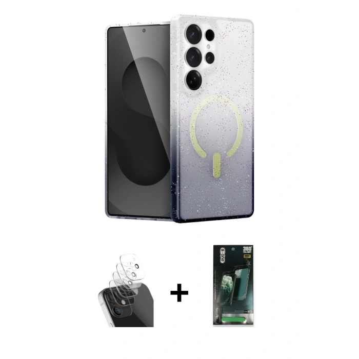 MARSİLYAN™- Galaxy S24 Ultra Kılıf Eksen Minimal Özel Seri - Siyah 360 Mat Full Body Arka Koruyucu + Kamera Lens Koruma Cam - SF