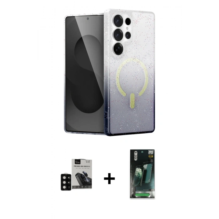 MARSİLYAN™- Galaxy S24 Ultra Kılıf Eksen Minimal Özel Seri - Siyah 360 Mat Full Body Arka Koruyucu + PVD Metal Kamera Lens - SH