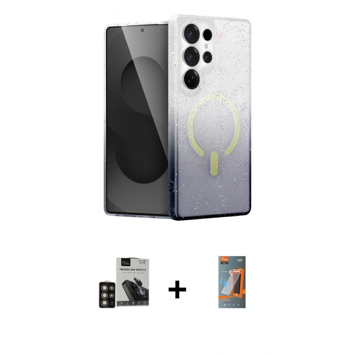 MARSİLYAN™- Galaxy S24 Ultra Kılıf Eksen Minimal Özel Seri - Siyah AutoKit 5in1 Fiber Hayalet Polymer Nano Ekran Koruyucu + PVD Metal Kamera Lens - GD