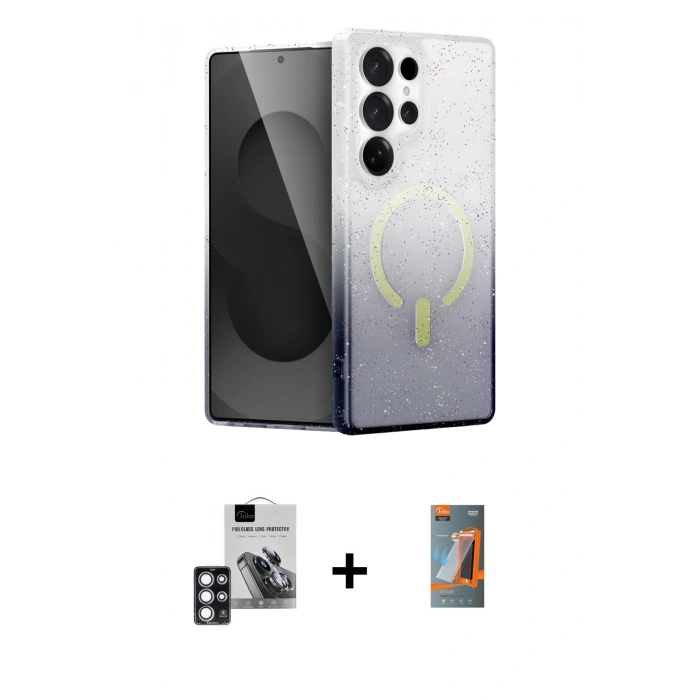 MARSİLYAN™- Galaxy S24 Ultra Kılıf Eksen Minimal Özel Seri - Siyah AutoKit 5in1 Fiber Hayalet Polymer Nano Ekran Koruyucu + PVD Metal Kamera Lens - PE