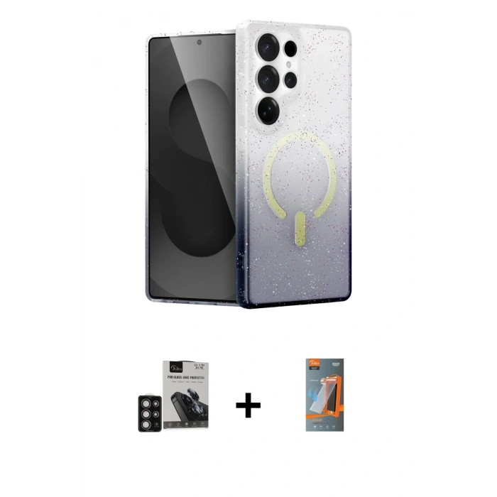 MARSİLYAN™- Galaxy S24 Ultra Kılıf Eksen Minimal Özel Seri - Siyah AutoKit 5in1 Fiber Hayalet Polymer Nano Ekran Koruyucu + PVD Metal Kamera Lens - DNMR