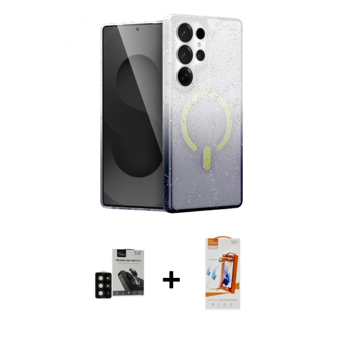 MARSİLYAN™- Galaxy S24 Ultra Kılıf Eksen Minimal Özel Seri - Siyah AutoKit 5in1 Fiber Polymer Nano Ekran Koruyucu + PVD Metal Kamera Lens - SH