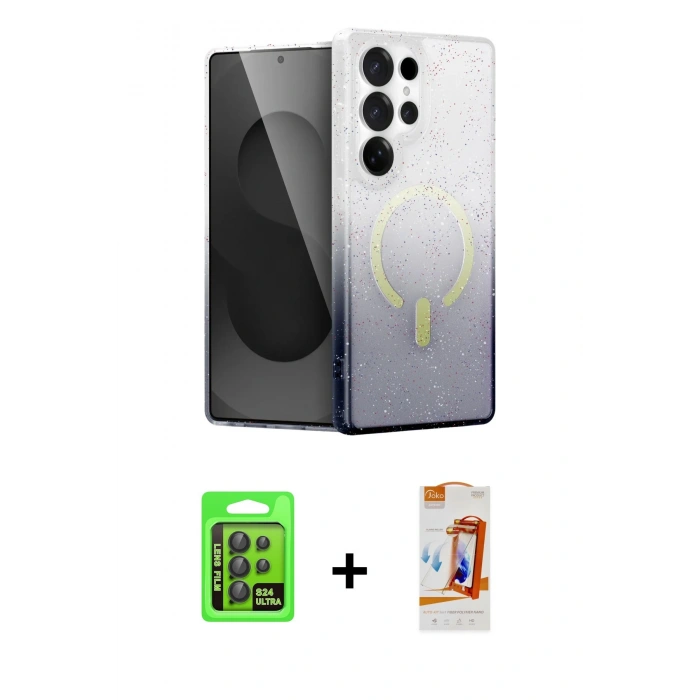 MARSİLYAN™- Galaxy S24 Ultra Kılıf Eksen Minimal Özel Seri - Siyah AutoKit 5in1 Fiber Polymer Nano Ekran Koruyucu + Raze Metal Kamera Lens - SH