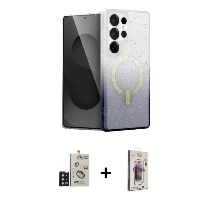 MARSİLYAN™- Galaxy S24 Ultra Kılıf Eksen Minimal Özel Seri - Siyah Bilvis 3D Cam Ekran Koruyucu + Bilvis Titan Kamera Lens - SH
